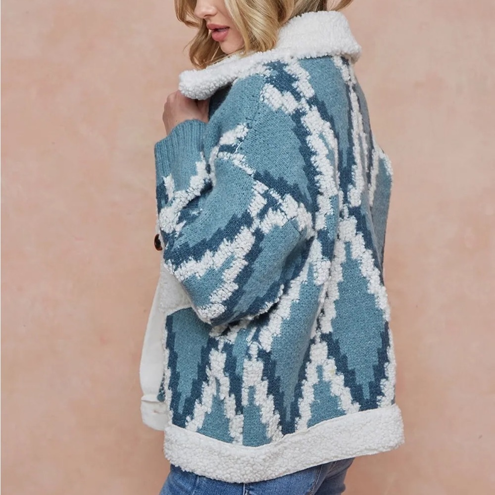 #5 LAST 1! Blue cream Tribal Aztec Bohemian Sherpa button relaxed jacket sweater - Picture 6 of 10